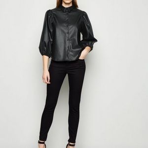 Black Faux Leather Puff Sleeve Button Up Top M